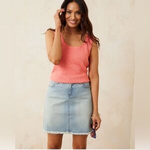 Tommy Bahama Coral Knit Tank with Light Blue Denim Midi Skirt
